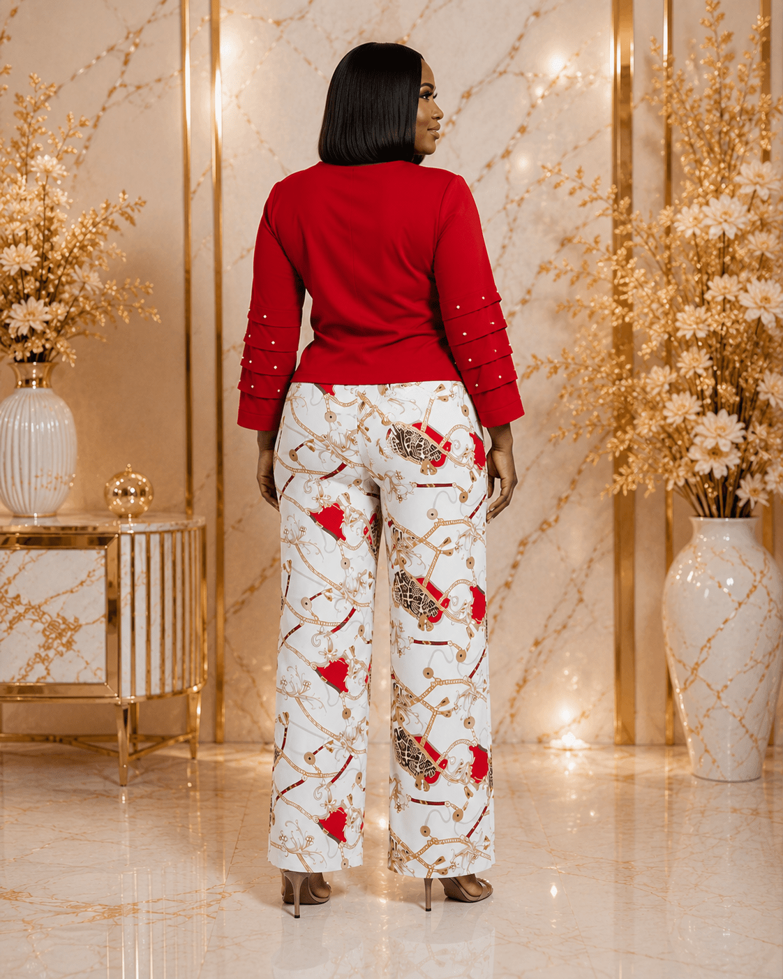 Women's Red Two-Piece Trouser Set | Long Sleeve Studded Top & Chain Print Wide Leg Trousers - Matching Set - Cherubim Aura