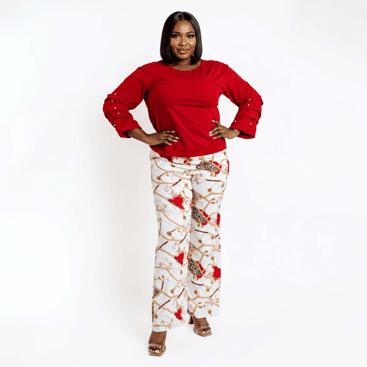 Women's Red Two-Piece Trouser Set | Long Sleeve Studded Top & Chain Print Wide Leg Trousers - Matching Set - Cherubim Aura