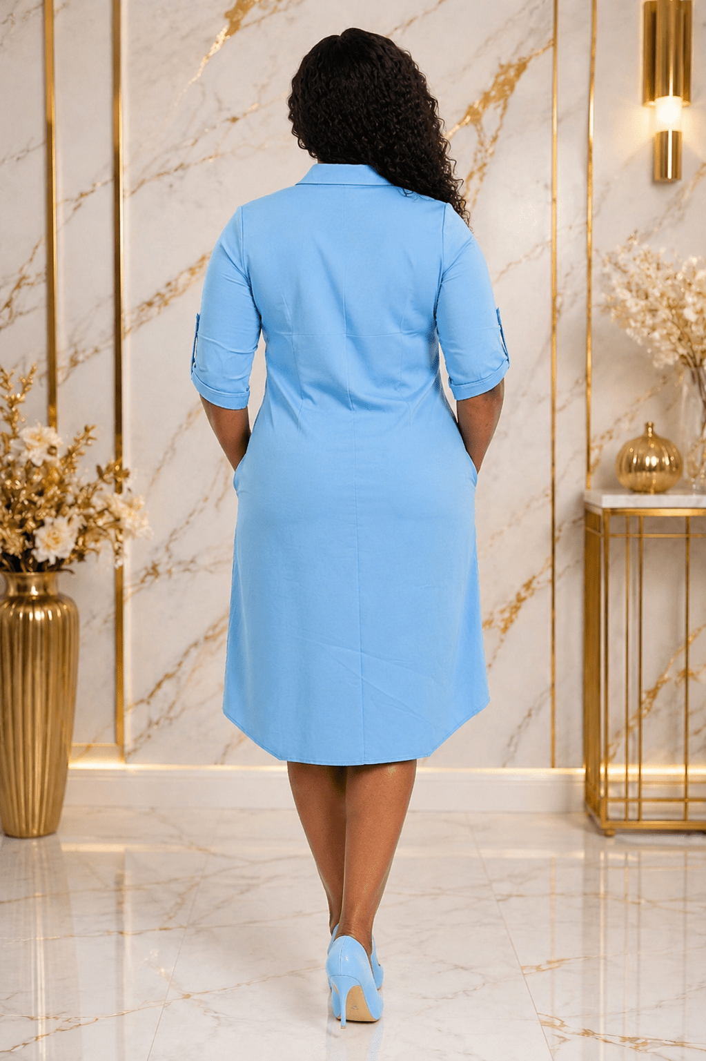 Women's Rhinestone Trim Collared Shirt Dress – Roll Tab Sleeve Knee Length Casual Dress with Pockets - Midi Dresses - Cherubim Aura