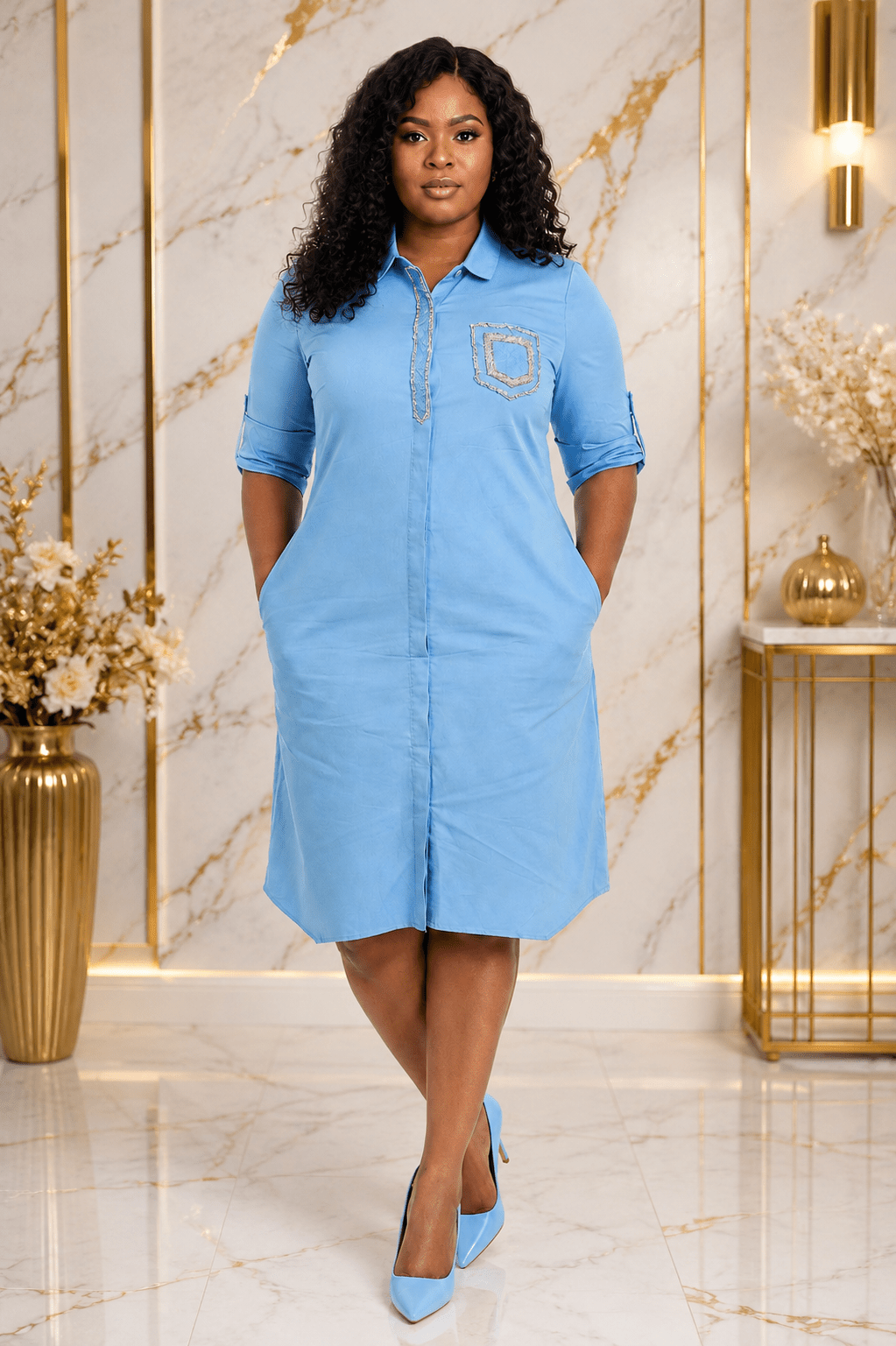 Women's Rhinestone Trim Collared Shirt Dress – Roll Tab Sleeve Knee Length Casual Dress with Pockets - Midi Dresses - Cherubim Aura