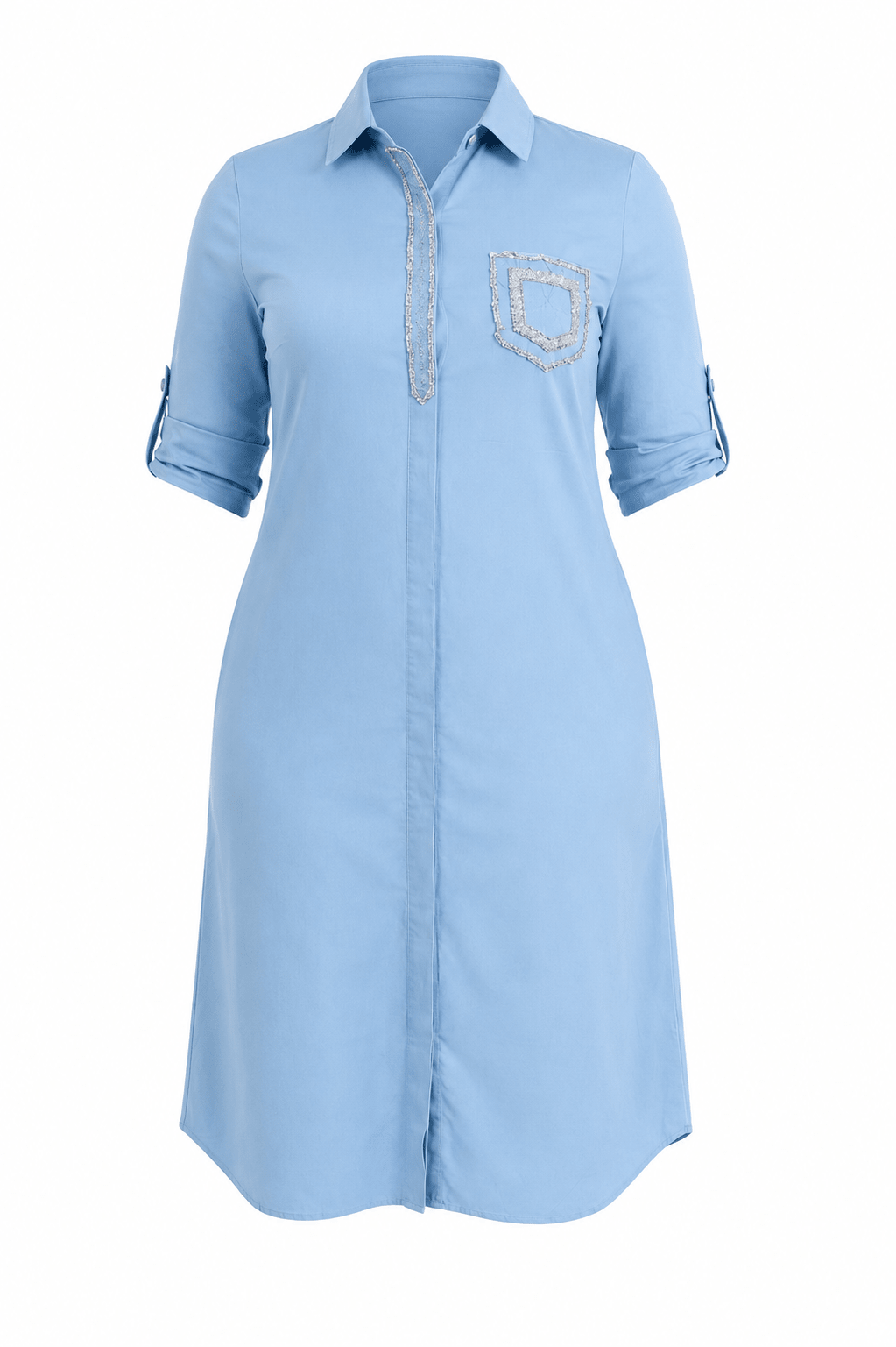 Women's Rhinestone Trim Collared Shirt Dress – Roll Tab Sleeve Knee Length Casual Dress with Pockets - Midi Dresses - Cherubim Aura