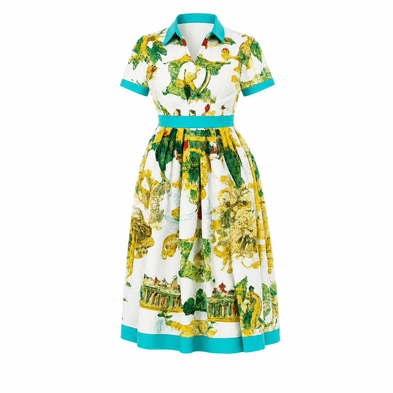 Women's Scenic Print Collared Midi Dress – Elegant Short Sleeve Fit & Flare Dress - Mini Dress - Cherubim Aura