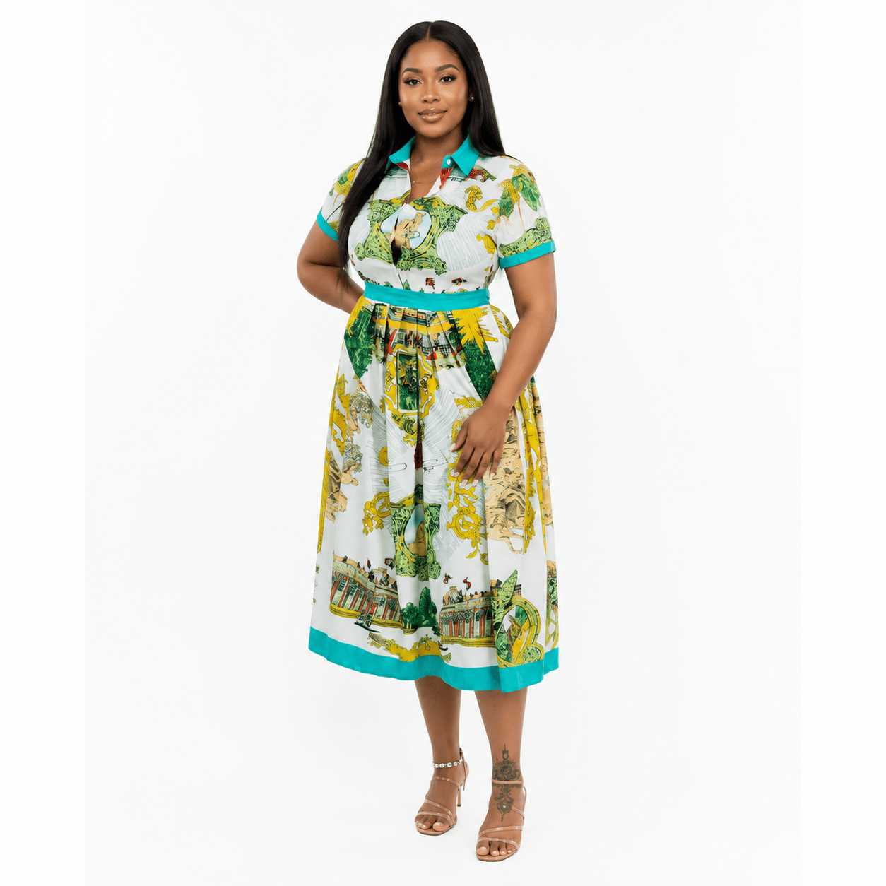 Women's Scenic Print Collared Midi Dress – Elegant Short Sleeve Fit & Flare Dress - Mini Dress - Cherubim Aura