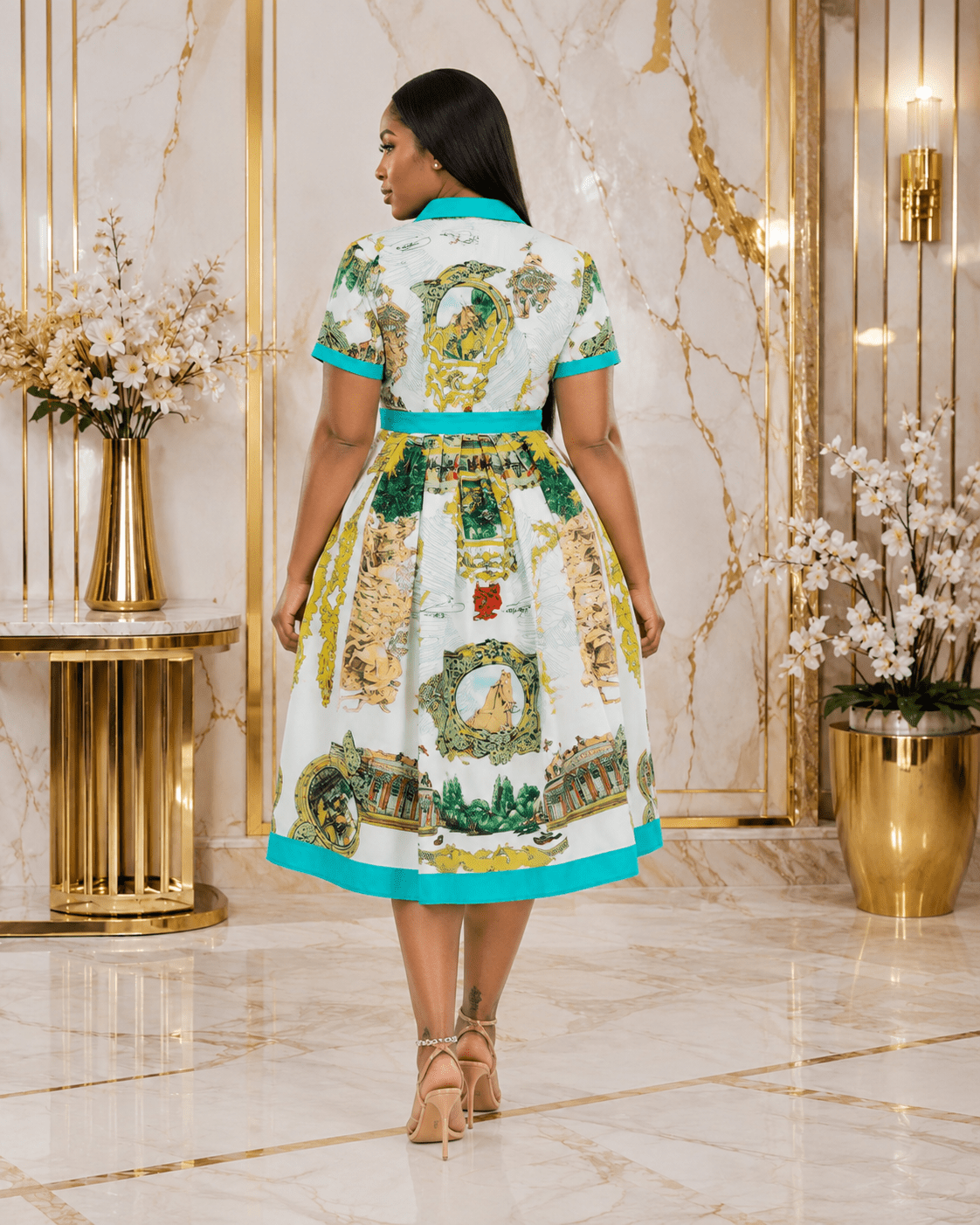 Women's Scenic Print Collared Midi Dress – Elegant Short Sleeve Fit & Flare Dress - Mini Dress - Cherubim Aura