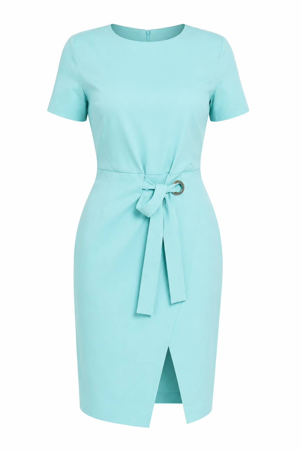 Women's Sky Blue Belted Sheath Mini Dress | Elegant Short Sleeve Office & Occasion Dress - Mini Dress - Cherubim Aura