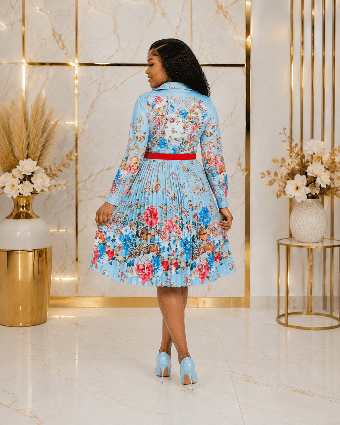Women's Sky Blue Floral Pleated Shirt Midi Dress – Long Sleeve Belted A-Line Dress - Midi Dresses - Cherubim Aura