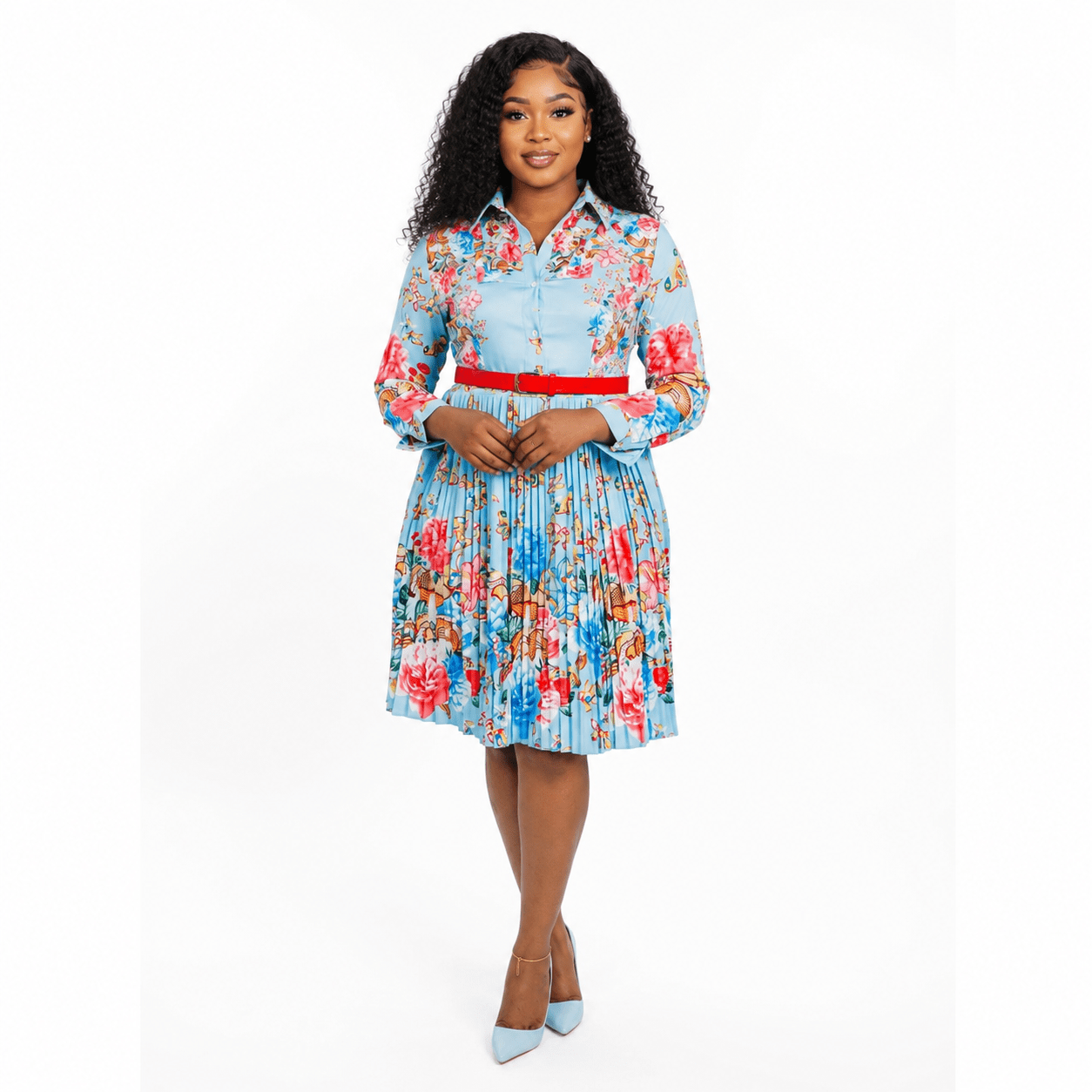 Women's Sky Blue Floral Pleated Shirt Midi Dress – Long Sleeve Belted A-Line Dress - Midi Dresses - Cherubim Aura