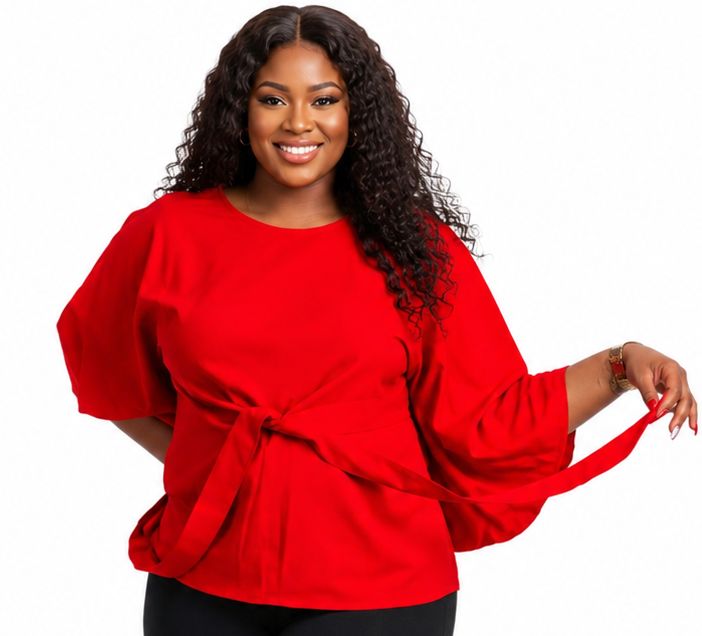 Women’s Solid Bell Sleeve Tie-Waist Blouse – Round Neck 3/4 Sleeve Dressy Casual Top – One Size UK 10–16 - Top - Cherubim Aura