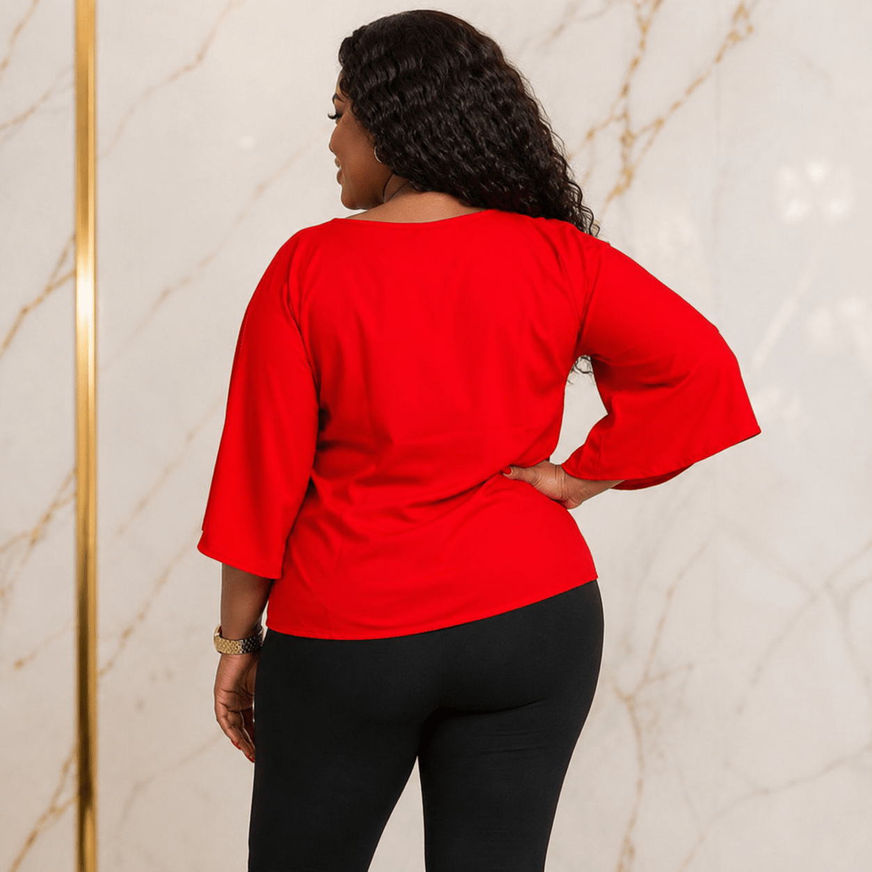 Women’s Solid Bell Sleeve Tie-Waist Blouse – Round Neck 3/4 Sleeve Dressy Casual Top – One Size UK 10–16 - Top - Cherubim Aura