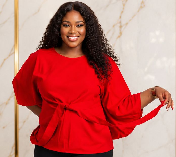 Women’s Solid Bell Sleeve Tie-Waist Blouse – Round Neck 3/4 Sleeve Dressy Casual Top – One Size UK 10–16 - Top - Cherubim Aura