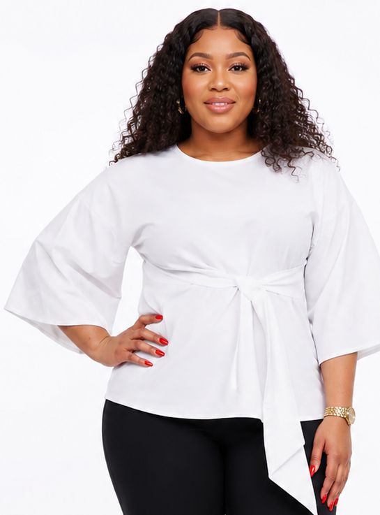 Women’s Solid Bell Sleeve Tie-Waist Blouse – Round Neck 3/4 Sleeve Dressy Casual Top – One Size UK 10–16 - Top - Cherubim Aura