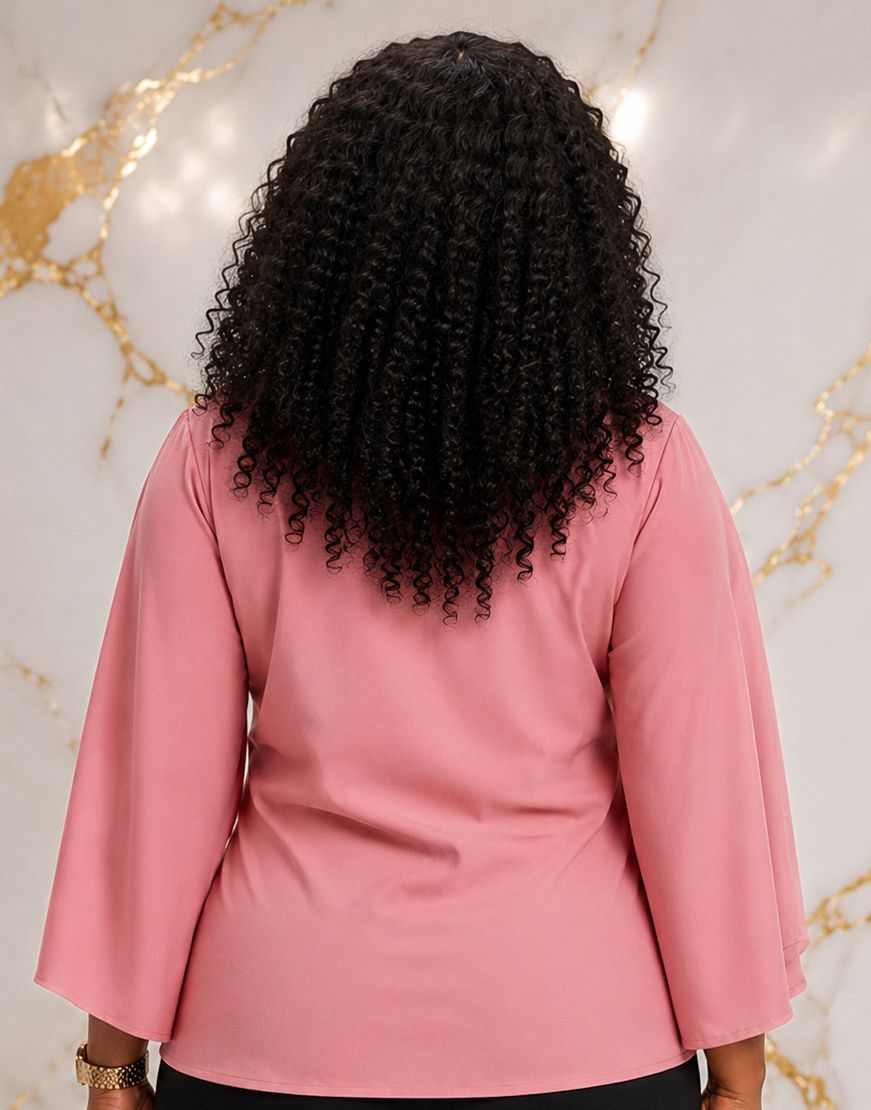 Women’s Solid Bell Sleeve Tie-Waist Blouse – Round Neck 3/4 Sleeve Dressy Casual Top – One Size UK 10–16 - Top - Cherubim Aura