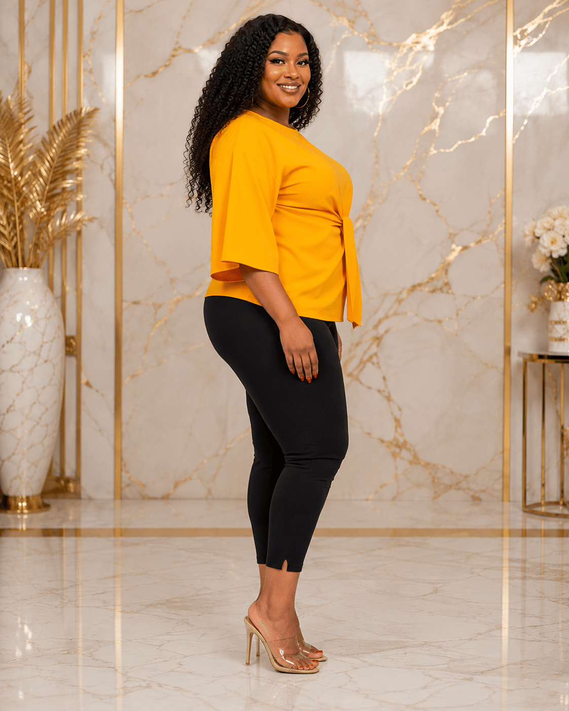 Women’s Solid Bell Sleeve Tie-Waist Blouse – Round Neck 3/4 Sleeve Dressy Casual Top – One Size UK 10–16 - Top - Cherubim Aura
