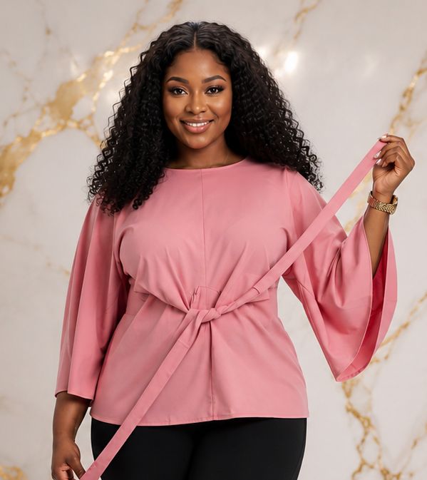 Women’s Solid Bell Sleeve Tie-Waist Blouse – Round Neck 3/4 Sleeve Dressy Casual Top – One Size UK 10–16 - Top - Cherubim Aura