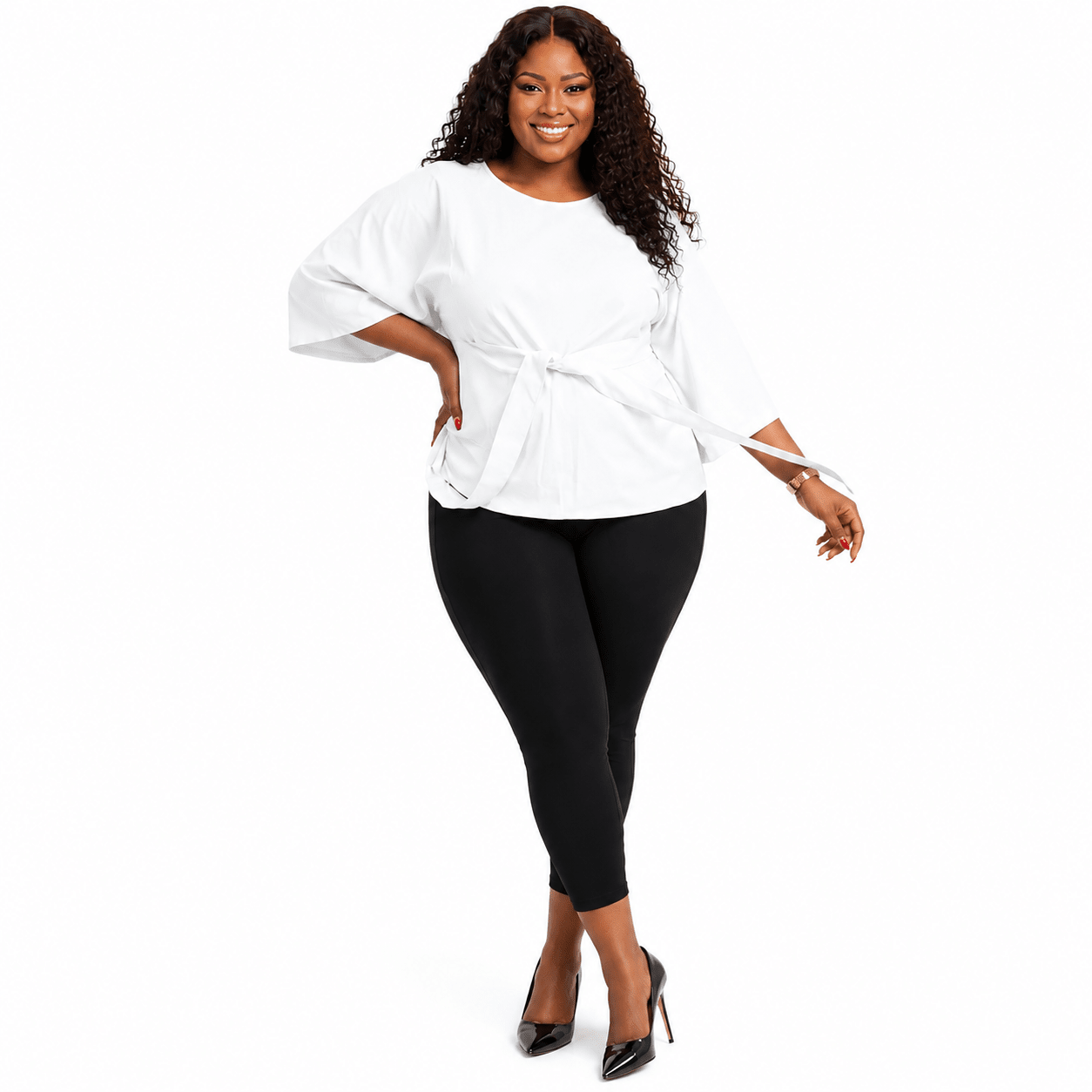 Women’s Solid Bell Sleeve Tie-Waist Blouse – Round Neck 3/4 Sleeve Dressy Casual Top – One Size UK 10–16 - Top - Cherubim Aura