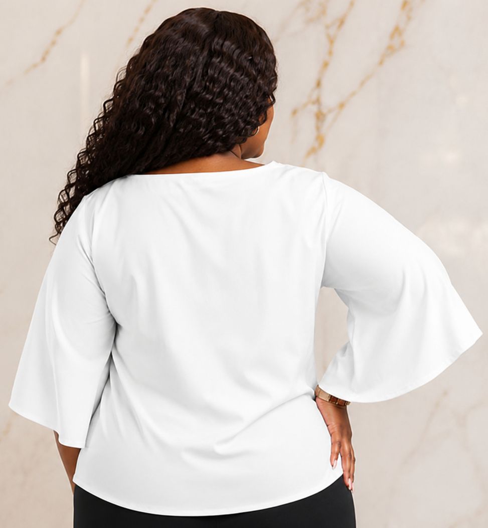 Women’s Solid Bell Sleeve Tie-Waist Blouse – Round Neck 3/4 Sleeve Dressy Casual Top – One Size UK 10–16 - Top - Cherubim Aura