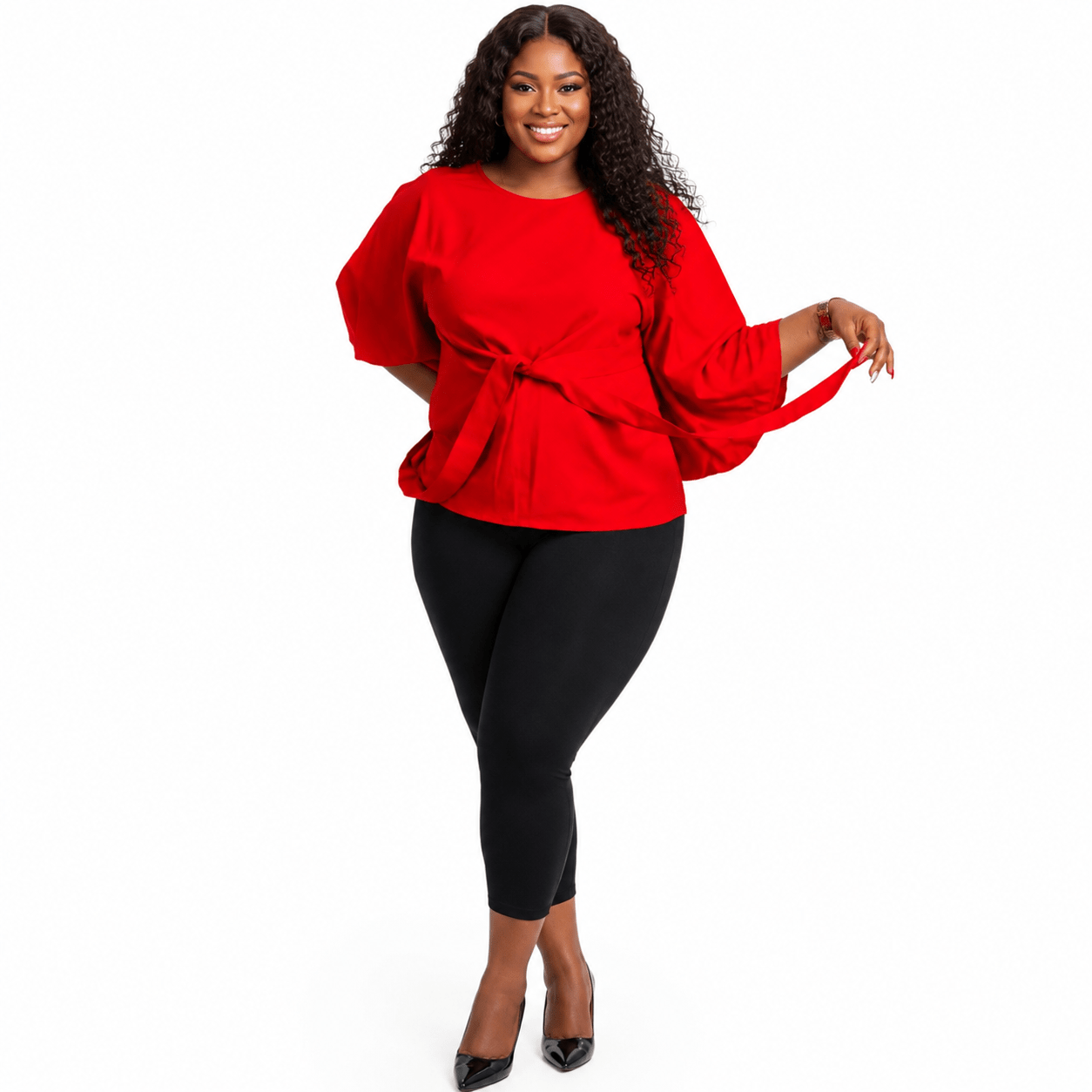 Women’s Solid Bell Sleeve Tie-Waist Blouse – Round Neck 3/4 Sleeve Dressy Casual Top – One Size UK 10–16 - Top - Cherubim Aura