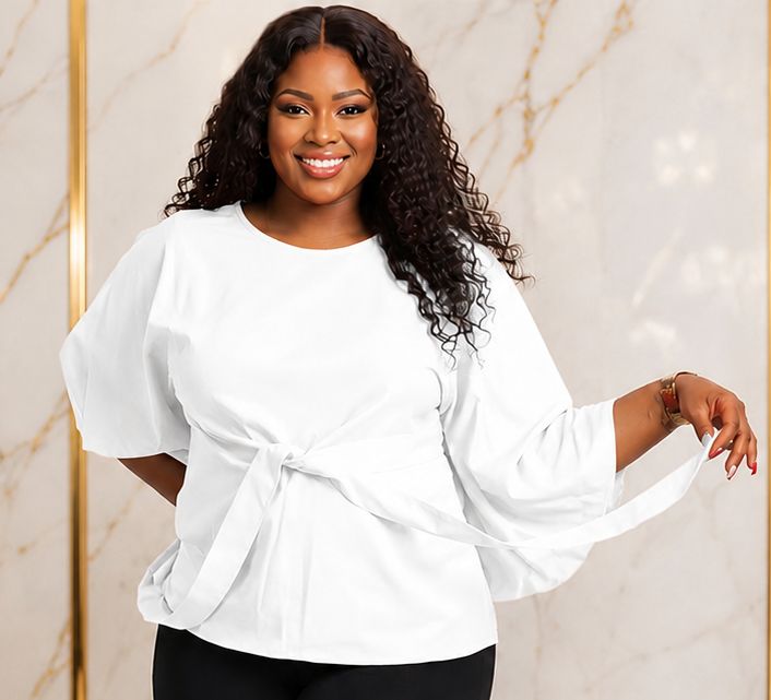 Women’s Solid Bell Sleeve Tie-Waist Blouse – Round Neck 3/4 Sleeve Dressy Casual Top – One Size UK 10–16 - Top - Cherubim Aura
