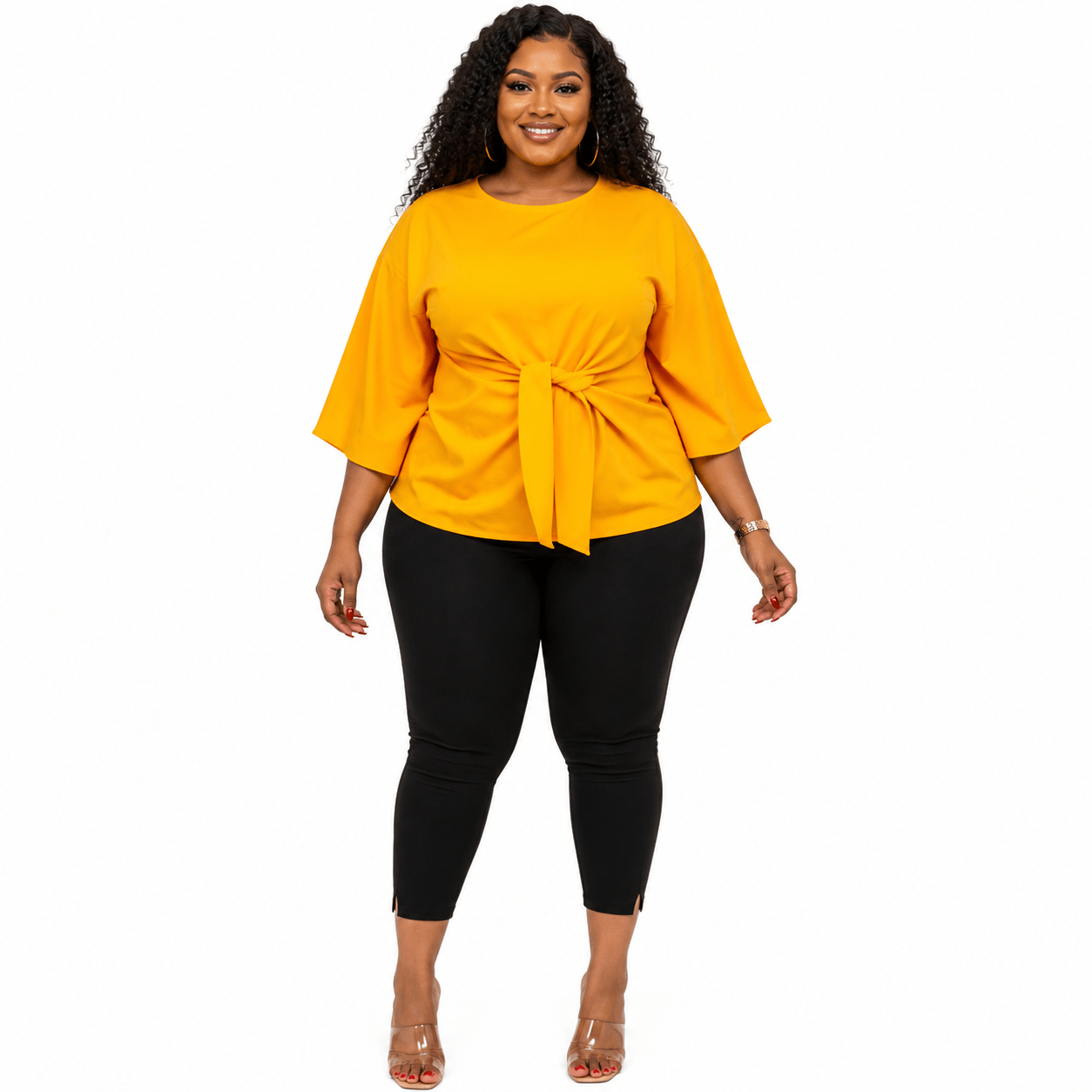 Women’s Solid Bell Sleeve Tie-Waist Blouse – Round Neck 3/4 Sleeve Dressy Casual Top – One Size UK 10–16 - Top - Cherubim Aura