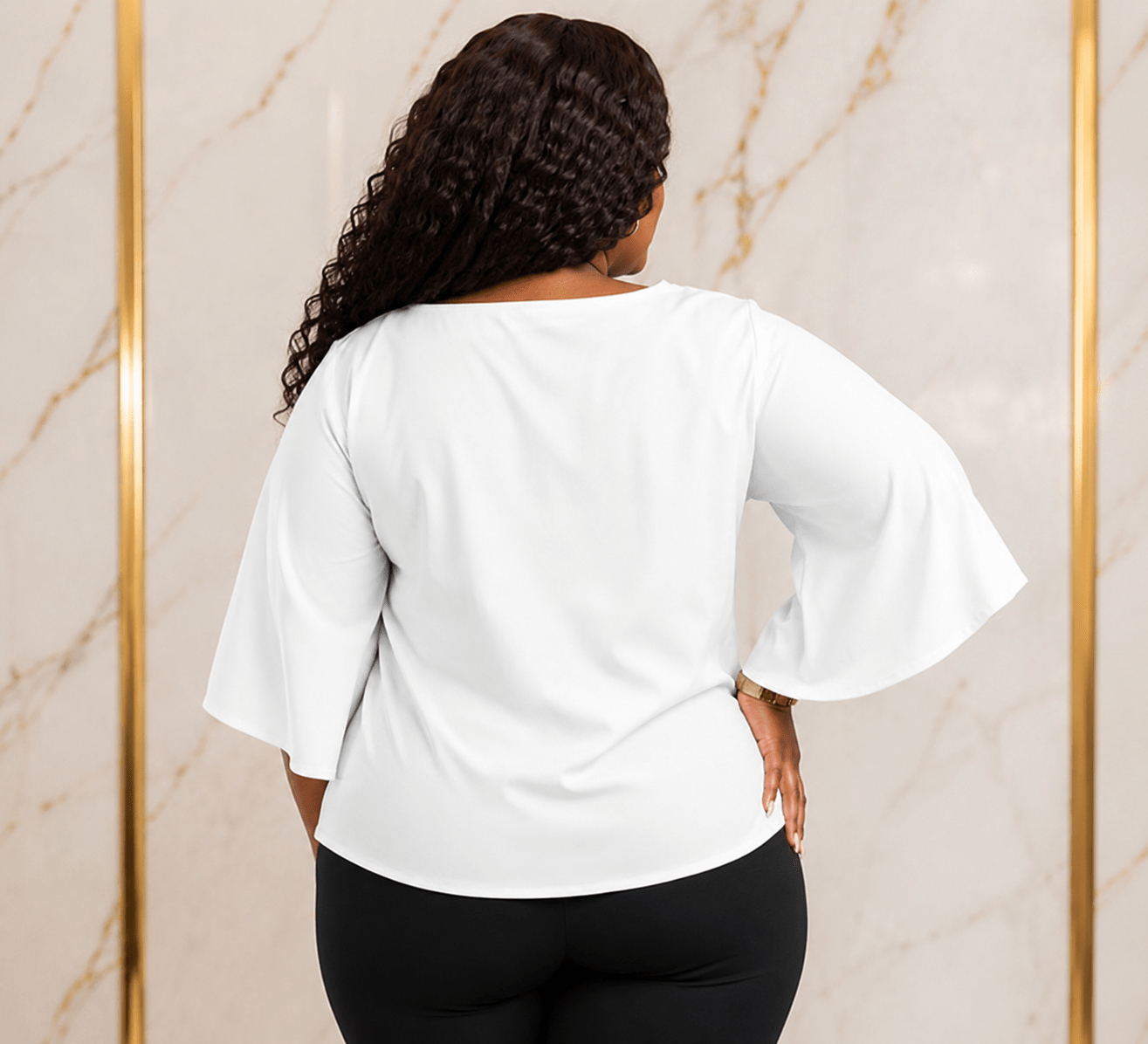 Women’s Solid Bell Sleeve Tie-Waist Blouse – Round Neck 3/4 Sleeve Dressy Casual Top – One Size UK 10–16 - Top - Cherubim Aura