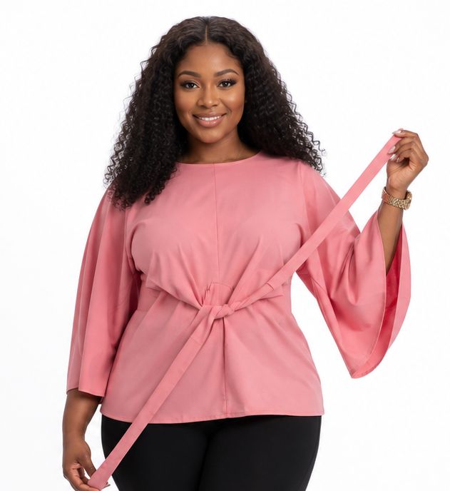 Women’s Solid Bell Sleeve Tie-Waist Blouse – Round Neck 3/4 Sleeve Dressy Casual Top – One Size UK 10–16 - Top - Cherubim Aura