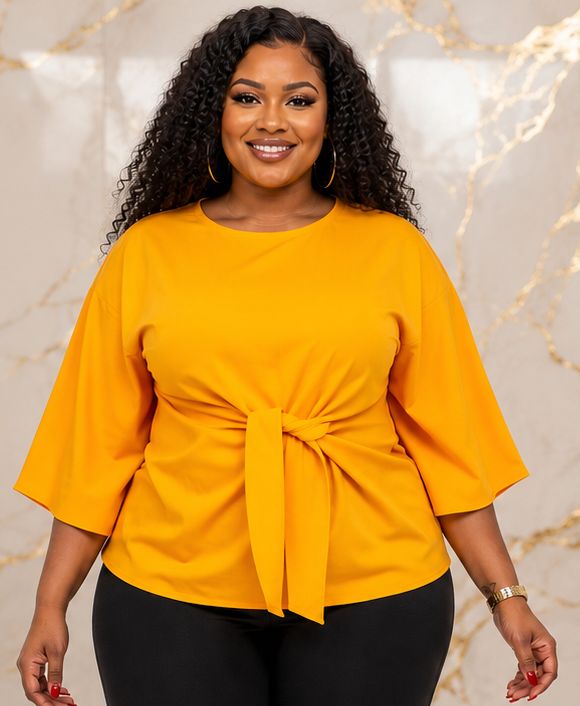 Women’s Solid Bell Sleeve Tie-Waist Blouse – Round Neck 3/4 Sleeve Dressy Casual Top – One Size UK 10–16 - Top - Cherubim Aura