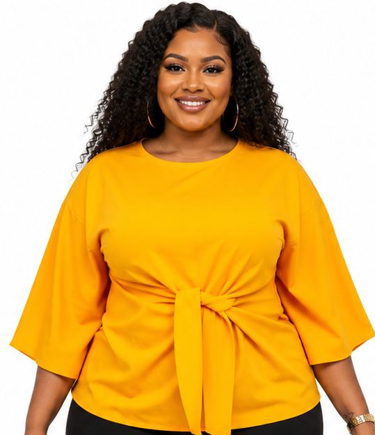 Women’s Solid Bell Sleeve Tie-Waist Blouse – Round Neck 3/4 Sleeve Dressy Casual Top – One Size UK 10–16 - Top - Cherubim Aura