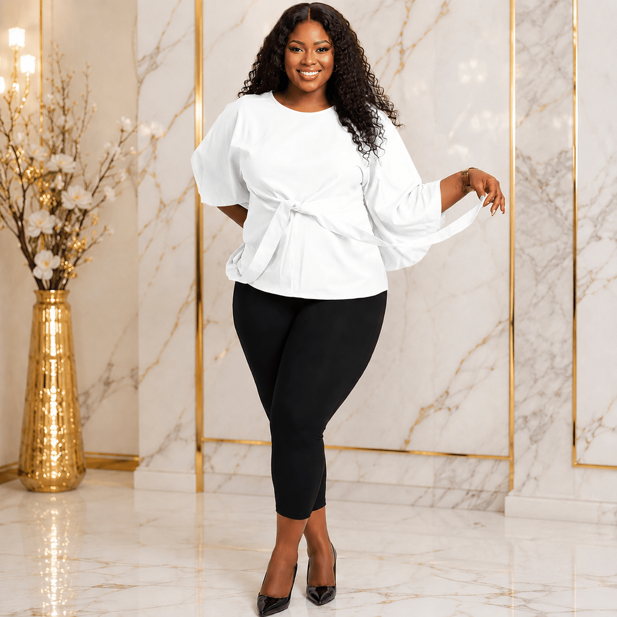 Women’s Solid Bell Sleeve Tie-Waist Blouse – Round Neck 3/4 Sleeve Dressy Casual Top – One Size UK 10–16 - Top - Cherubim Aura