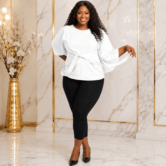 Women’s Solid Bell Sleeve Tie-Waist Blouse – Round Neck 3/4 Sleeve Dressy Casual Top – One Size UK 10–16 - Top - Cherubim Aura