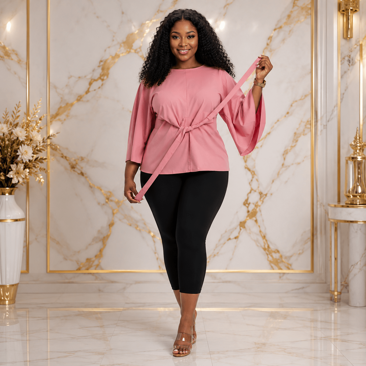 Women’s Solid Bell Sleeve Tie-Waist Blouse – Round Neck 3/4 Sleeve Dressy Casual Top – One Size UK 10–16 - Top - Cherubim Aura