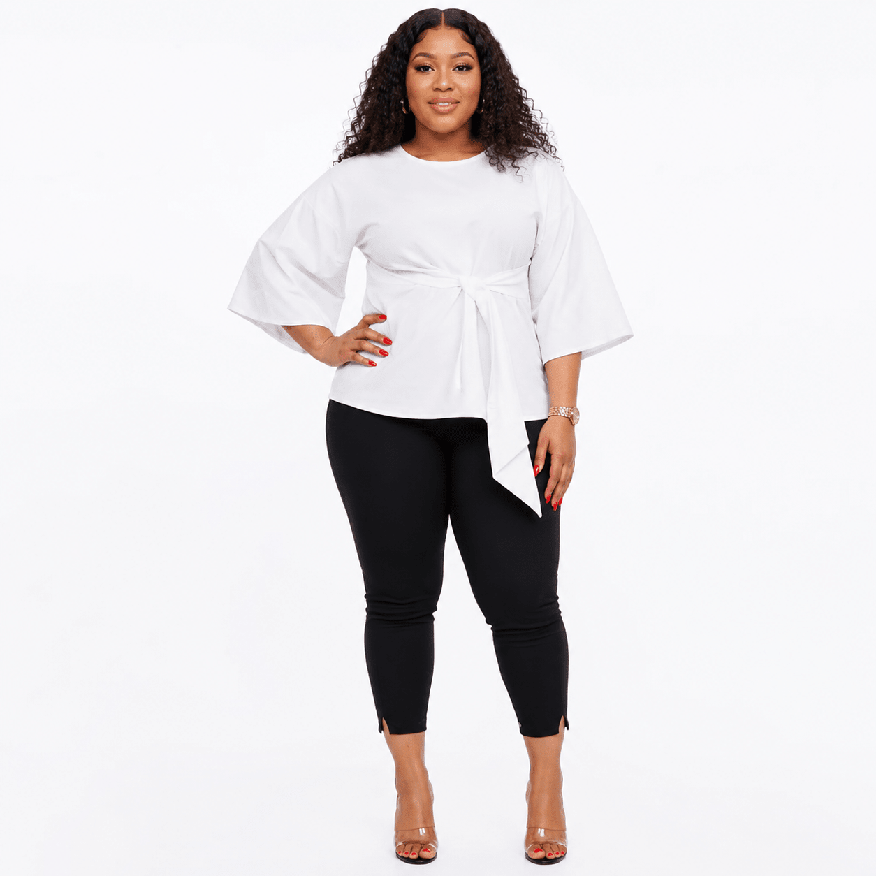 Women’s Solid Bell Sleeve Tie-Waist Blouse – Round Neck 3/4 Sleeve Dressy Casual Top – One Size UK 10–16 - Top - Cherubim Aura