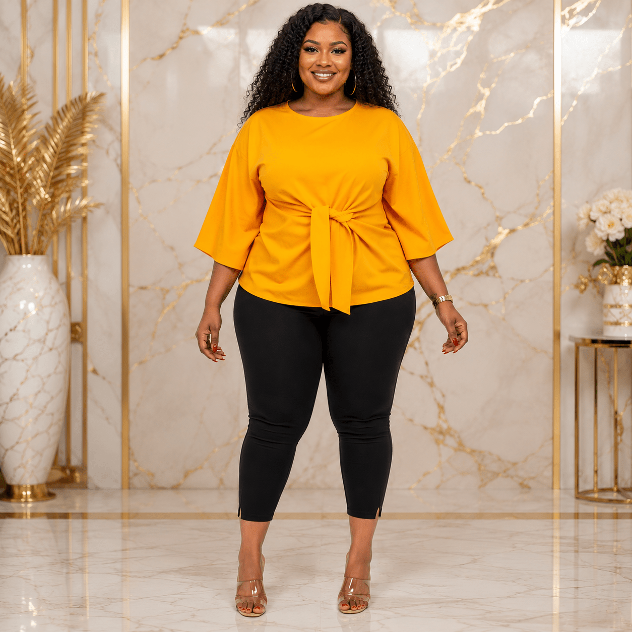 Women’s Solid Bell Sleeve Tie-Waist Blouse – Round Neck 3/4 Sleeve Dressy Casual Top – One Size UK 10–16 - Top - Cherubim Aura