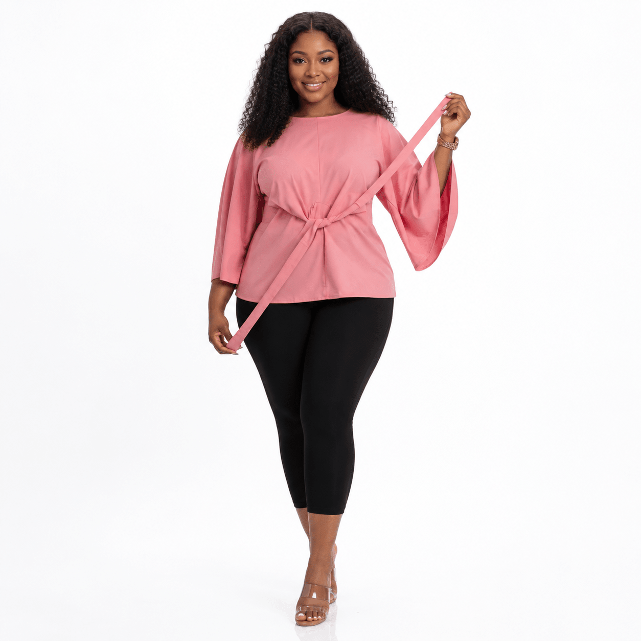 Women’s Solid Bell Sleeve Tie-Waist Blouse – Round Neck 3/4 Sleeve Dressy Casual Top – One Size UK 10–16 - Top - Cherubim Aura