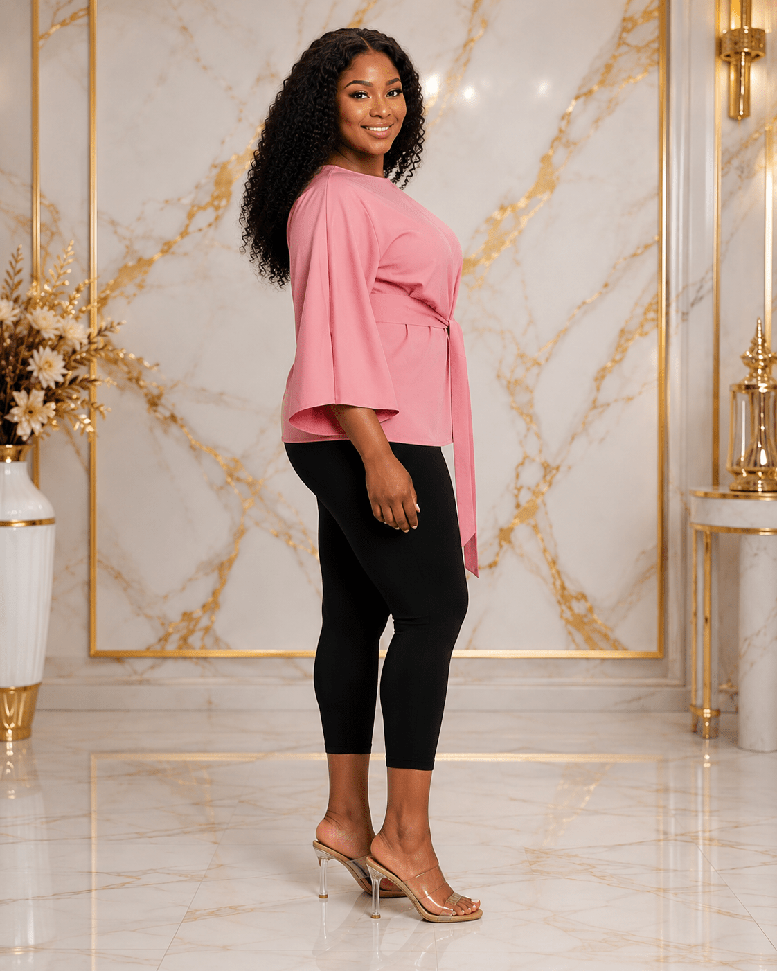 Women’s Solid Bell Sleeve Tie-Waist Blouse – Round Neck 3/4 Sleeve Dressy Casual Top – One Size UK 10–16 - Top - Cherubim Aura