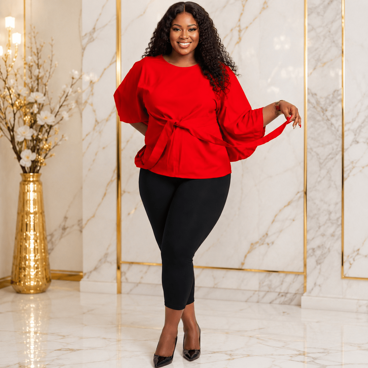 Women’s Solid Bell Sleeve Tie-Waist Blouse – Round Neck 3/4 Sleeve Dressy Casual Top – One Size UK 10–16 - Top - Cherubim Aura