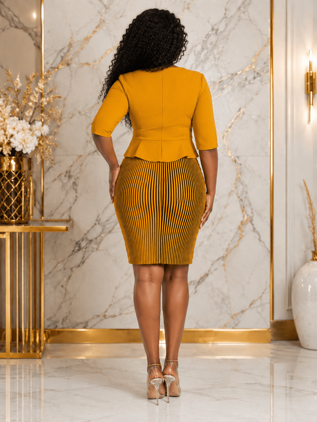 Women's Striped Peplum Bodycon Knee-Length Dress – Elegant 3/4 Sleeve Office Dress - Midi Dresses - Cherubim Aura