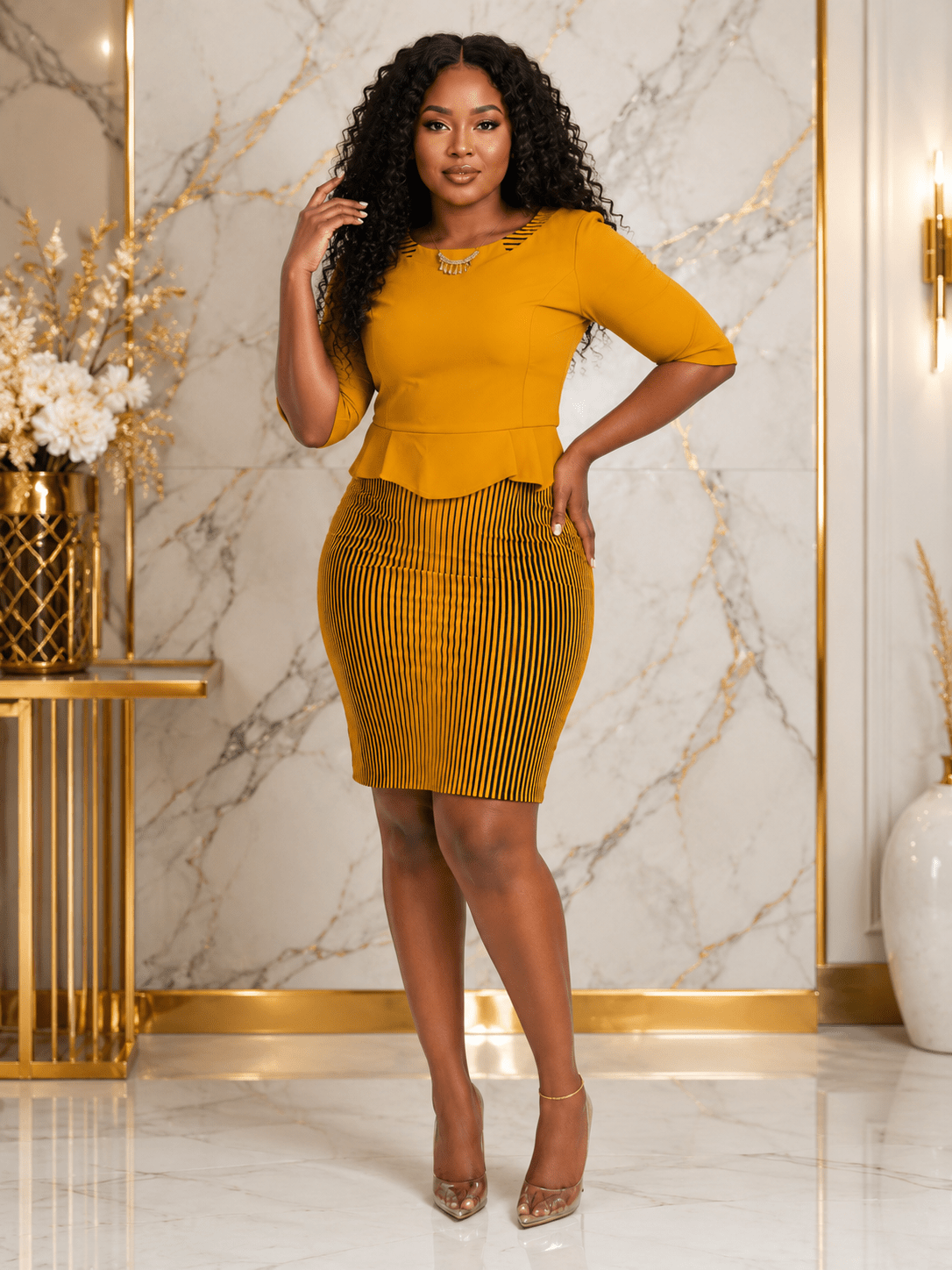 Women's Striped Peplum Bodycon Knee-Length Dress – Elegant 3/4 Sleeve Office Dress - Midi Dresses - Cherubim Aura