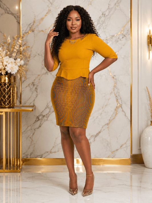 Women's Striped Peplum Bodycon Knee-Length Dress – Elegant 3/4 Sleeve Office Dress - Midi Dresses - Cherubim Aura