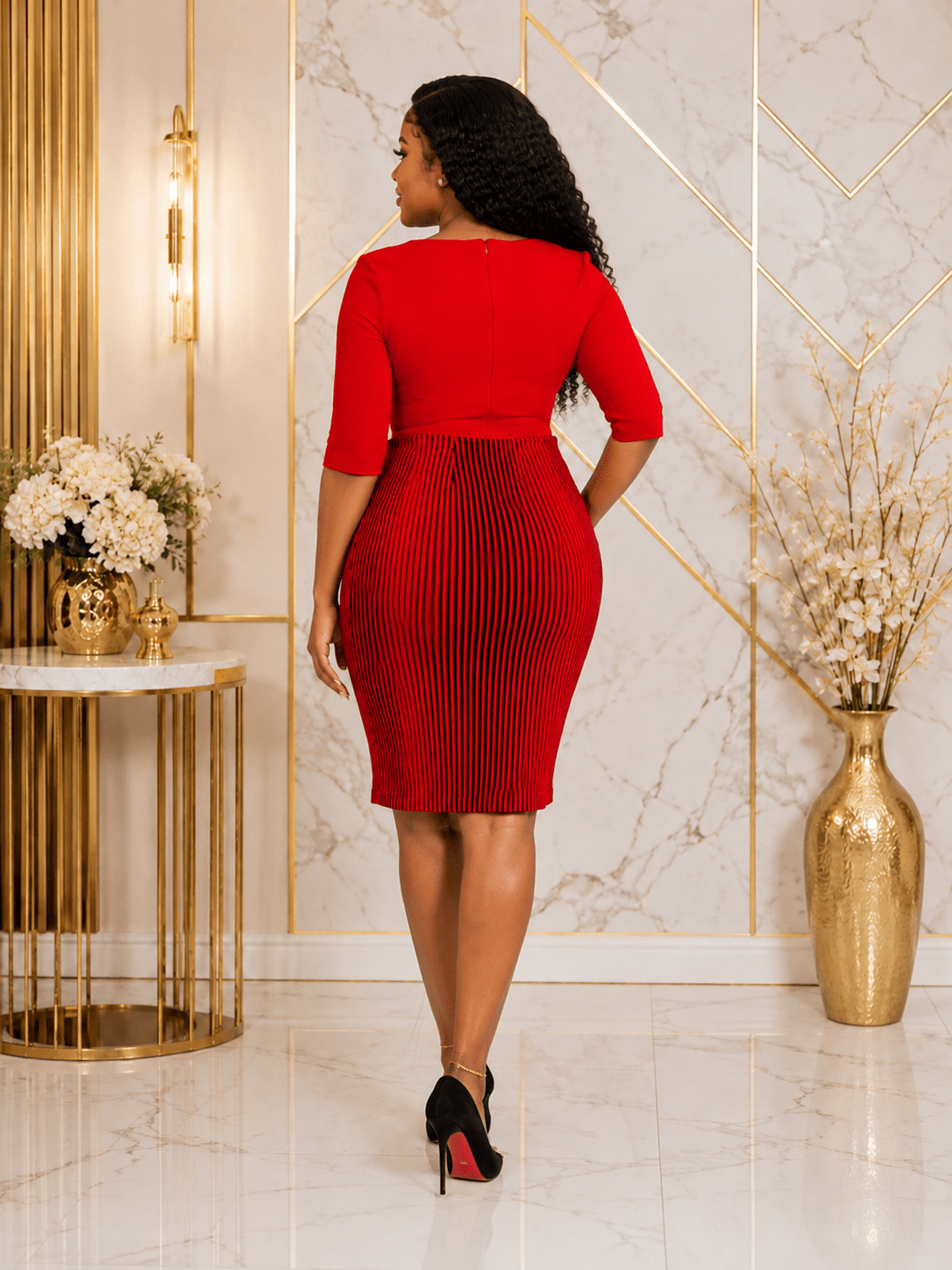 Women's Striped Peplum Bodycon Knee-Length Dress – Elegant 3/4 Sleeve Office Dress - Midi Dresses - Cherubim Aura