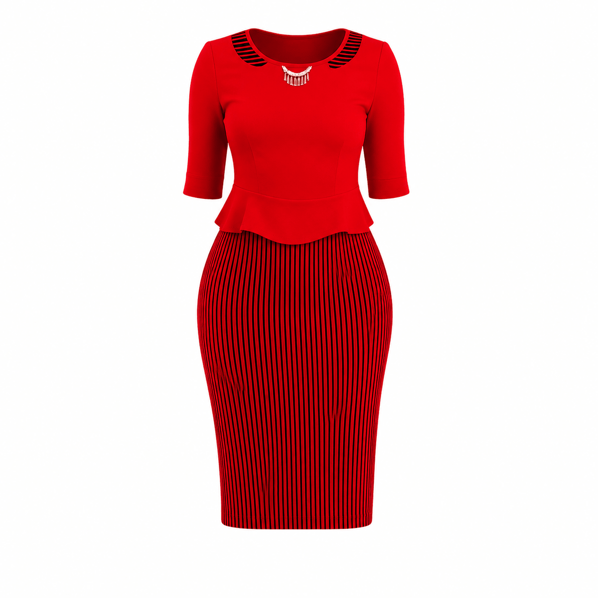 Women's Striped Peplum Bodycon Knee-Length Dress – Elegant 3/4 Sleeve Office Dress - Midi Dresses - Cherubim Aura