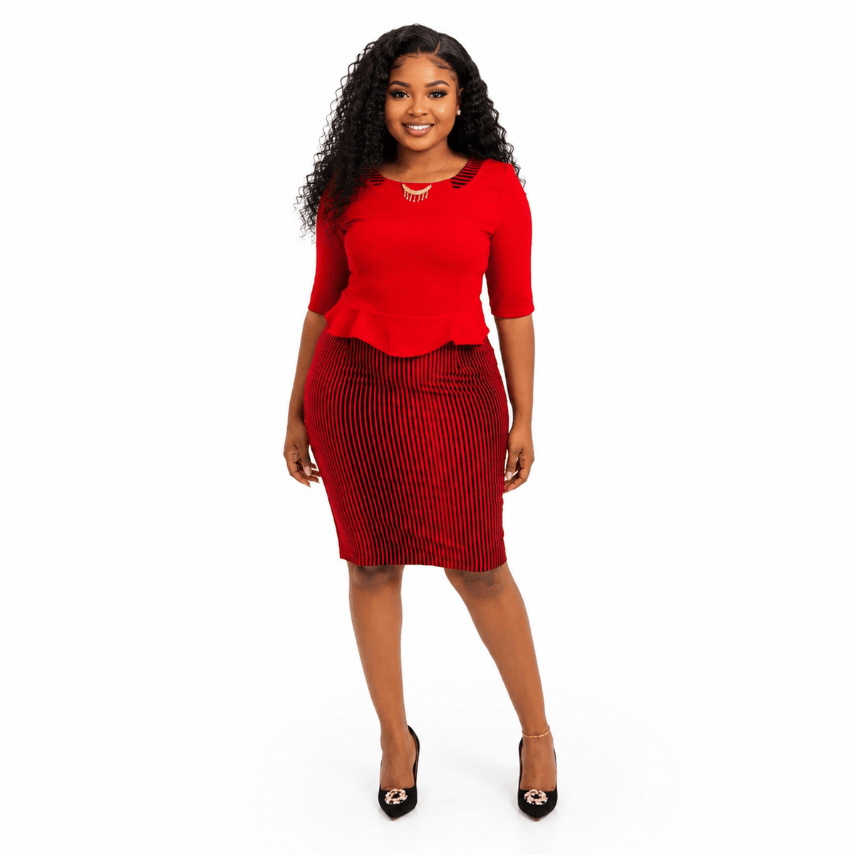 Women's Striped Peplum Bodycon Knee-Length Dress – Elegant 3/4 Sleeve Office Dress - Midi Dresses - Cherubim Aura