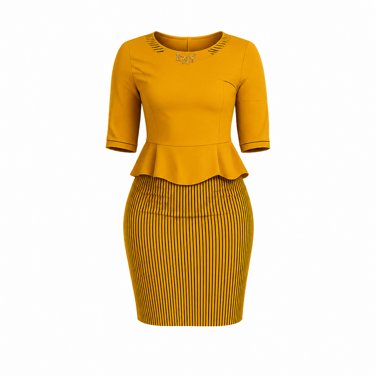 Women's Striped Peplum Bodycon Knee-Length Dress – Elegant 3/4 Sleeve Office Dress - Midi Dresses - Cherubim Aura