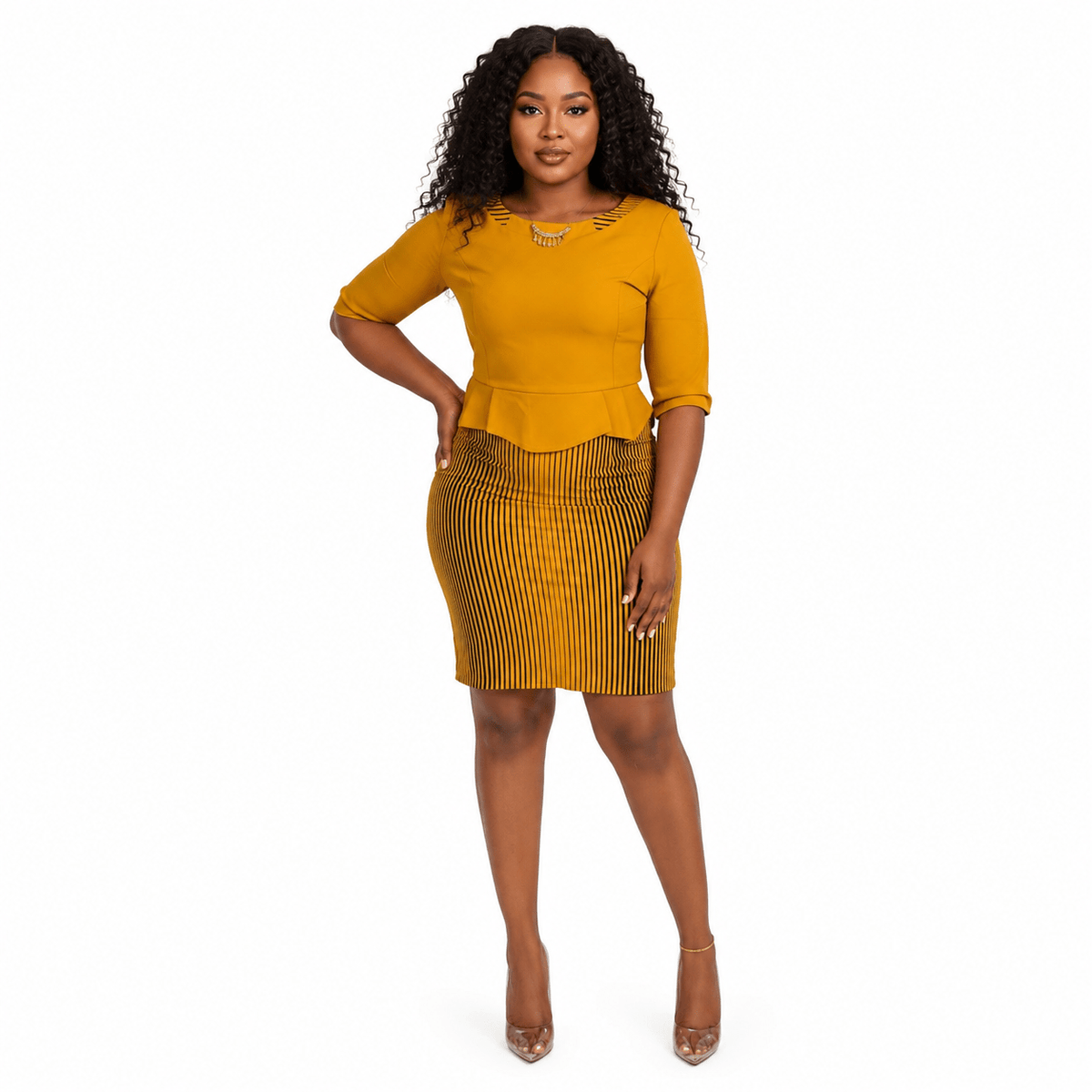 Women's Striped Peplum Bodycon Knee-Length Dress – Elegant 3/4 Sleeve Office Dress - Midi Dresses - Cherubim Aura