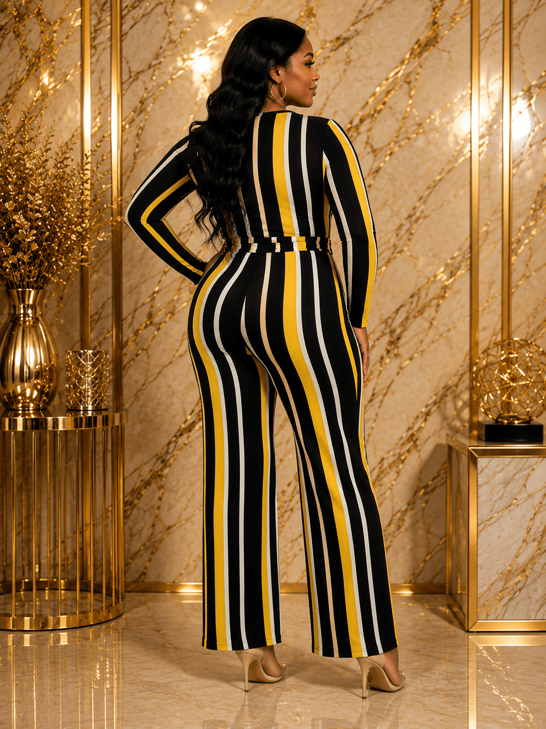 Women’s Striped Wrap Jumpsuit – Long Sleeve Wide Leg Belted Jumpsuit - Jumpsuit - Cherubim Aura