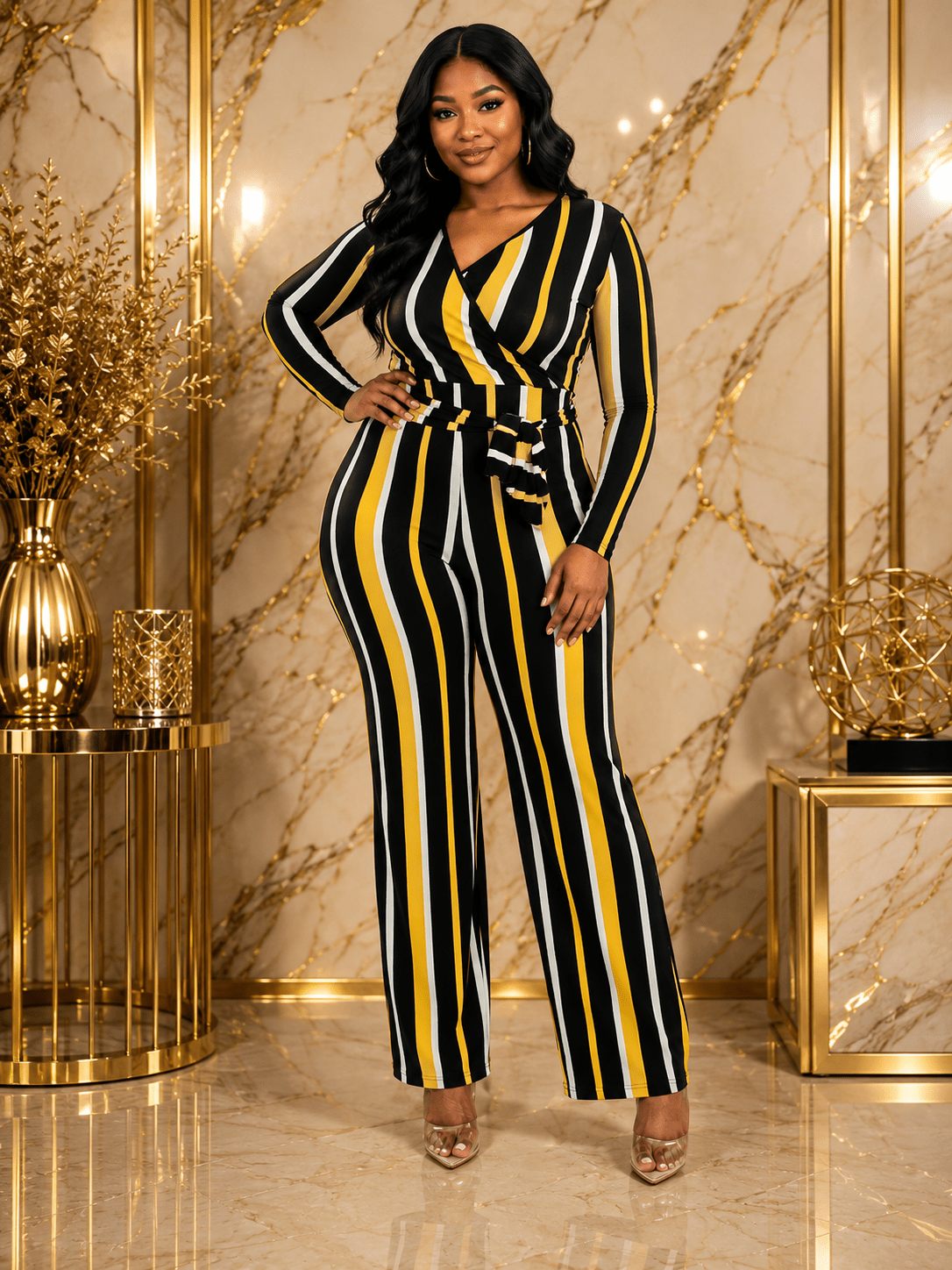 Women’s Striped Wrap Jumpsuit – Long Sleeve Wide Leg Belted Jumpsuit - Jumpsuit - Cherubim Aura