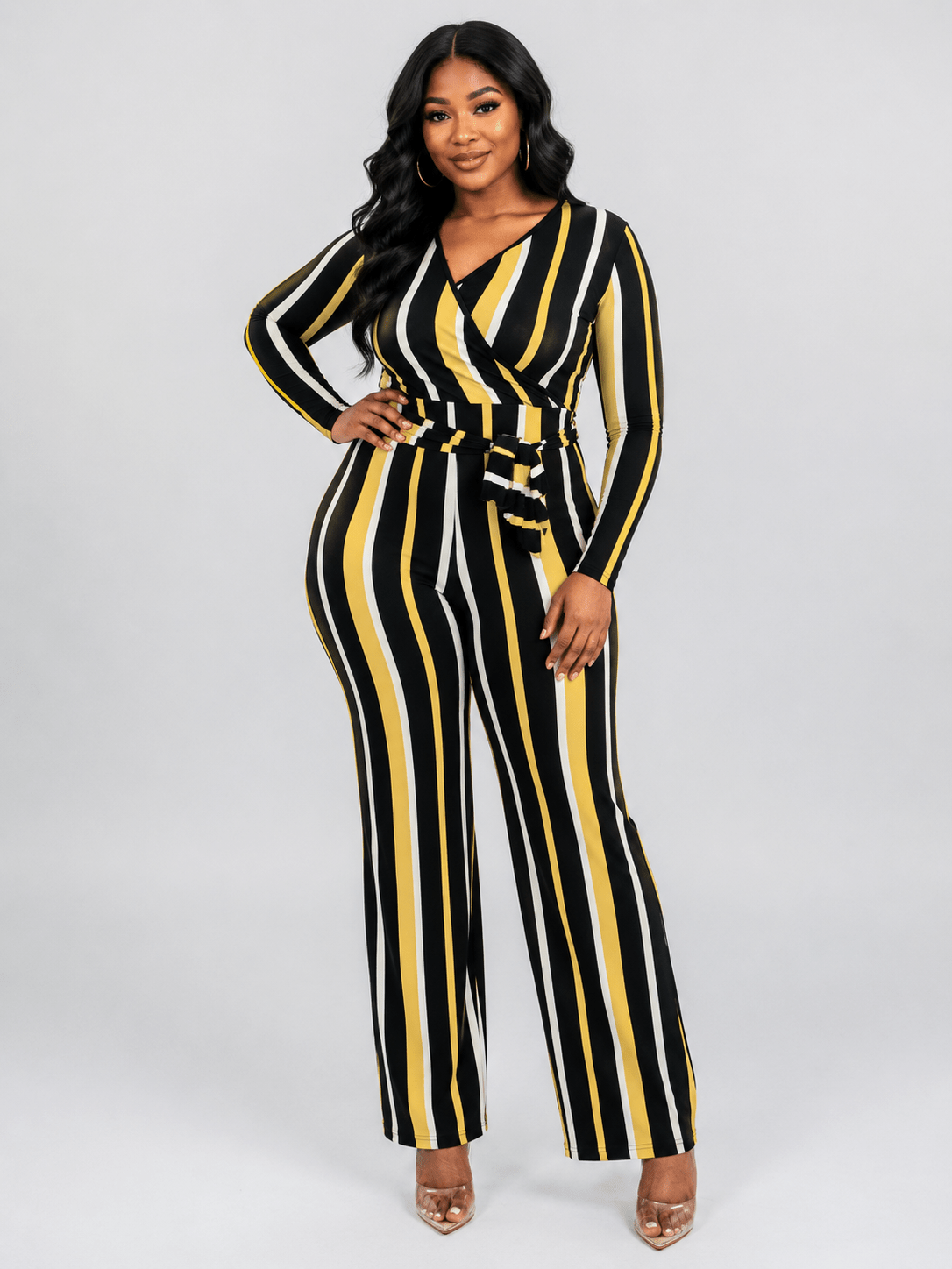 Women’s Striped Wrap Jumpsuit – Long Sleeve Wide Leg Belted Jumpsuit - Jumpsuit - Cherubim Aura