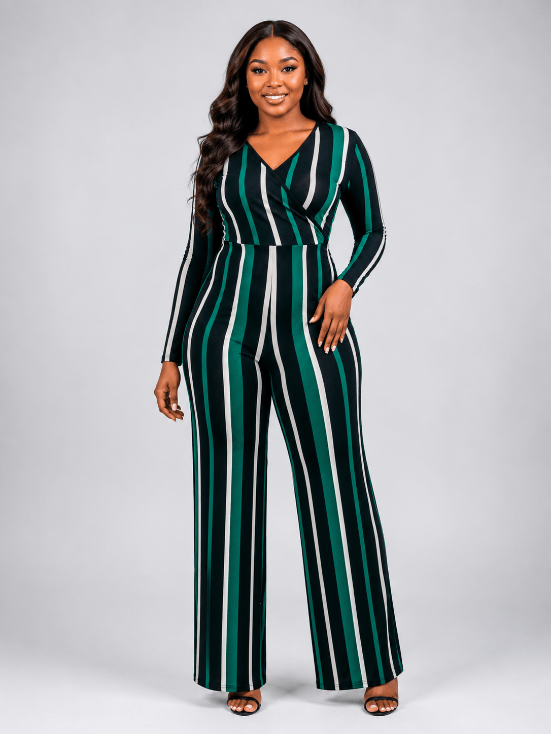Women’s Striped Wrap Jumpsuit – Long Sleeve Wide Leg Belted Jumpsuit - Jumpsuit - Cherubim Aura