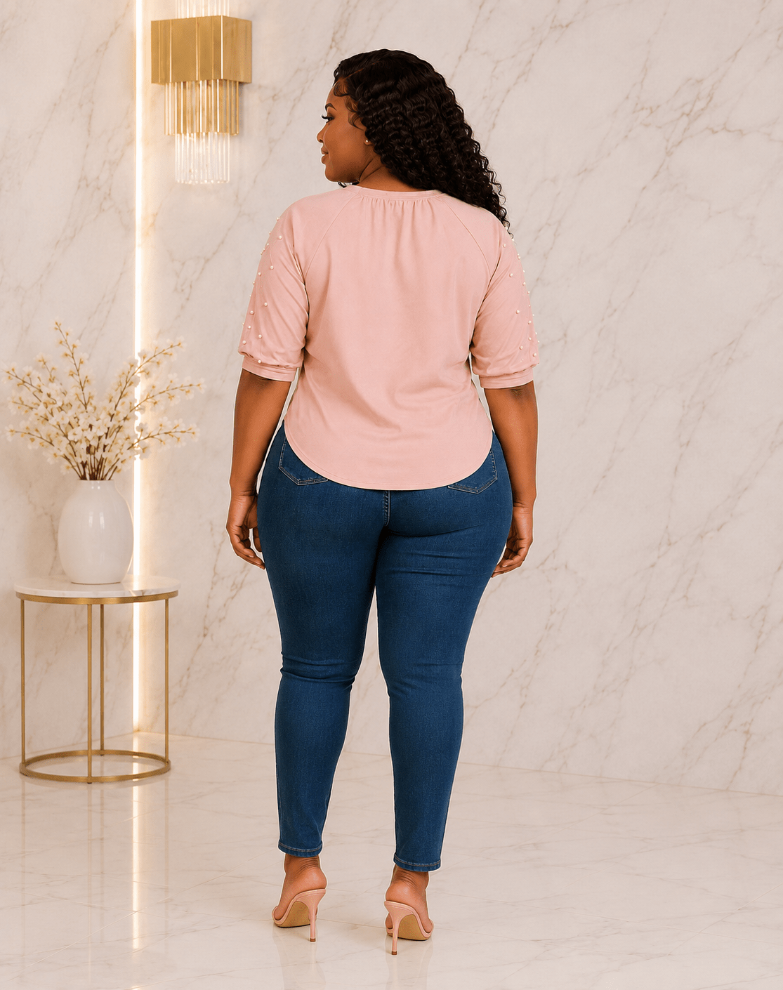 Women’s STYLE Graphic Pearl-Embellished Puff Sleeve Top – Round Neck Statement Blouse – One Size UK 8–14 - Top - Cherubim Aura
