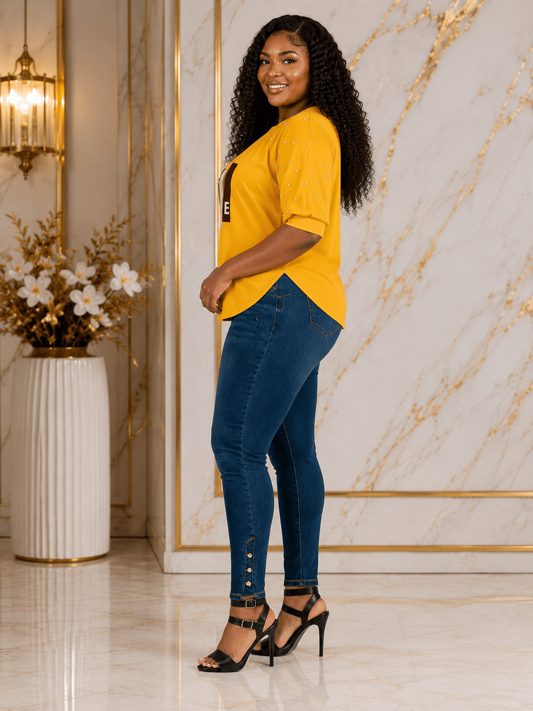 Women’s STYLE Graphic Pearl-Embellished Puff Sleeve Top – Round Neck Statement Blouse – One Size UK 8–14 - Top - Cherubim Aura