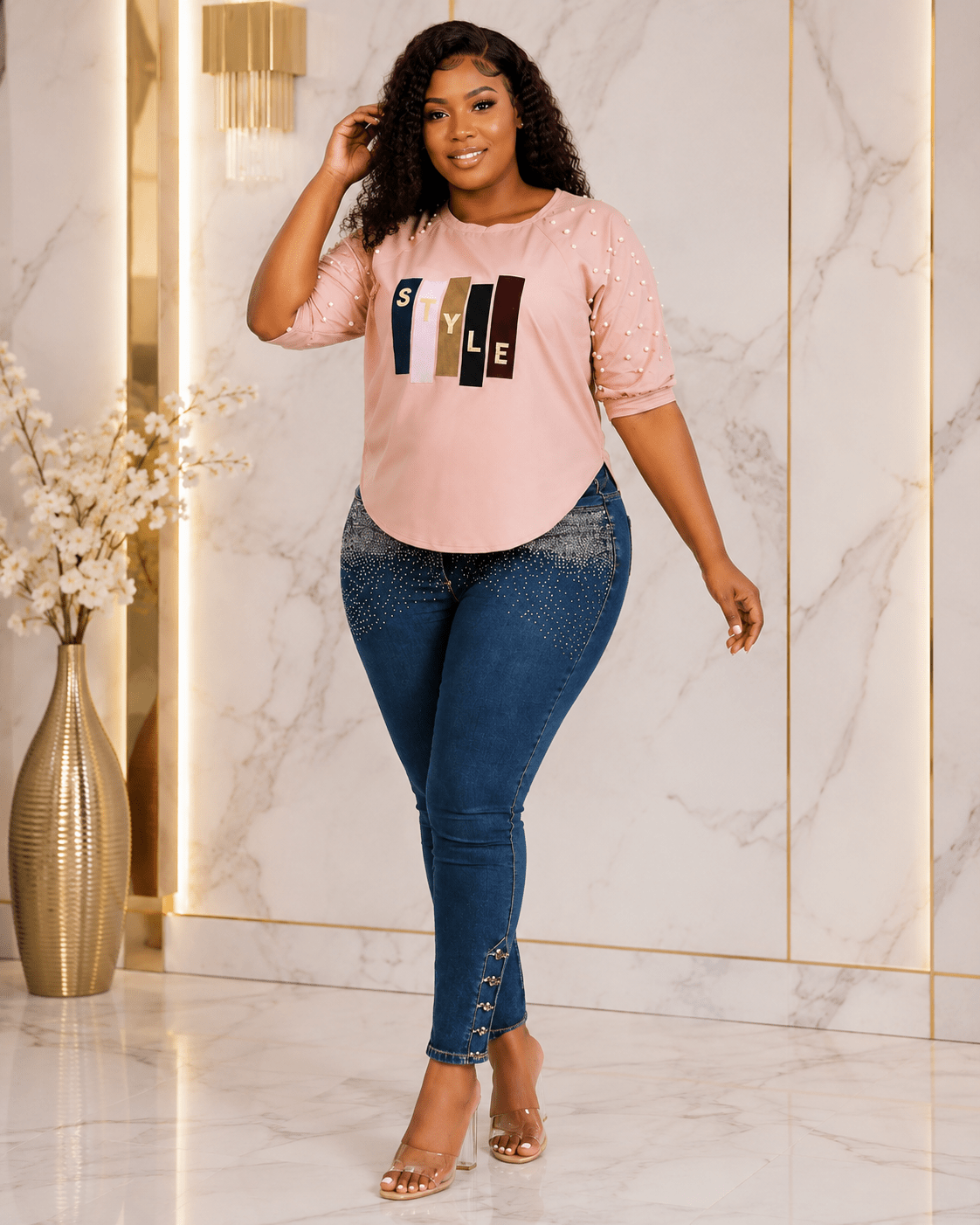 Women’s STYLE Graphic Pearl-Embellished Puff Sleeve Top – Round Neck Statement Blouse – One Size UK 8–14 - Top - Cherubim Aura